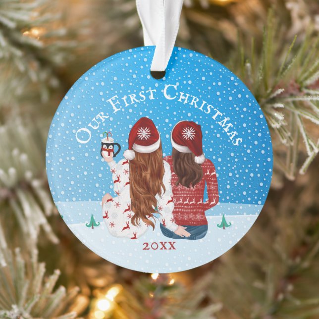 Lesbian couple 1st Christmas snow PHOTO gay Ornament (Tree)
