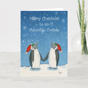 Lesbian Couple Christmas Cute Penguins Snowflakes Card