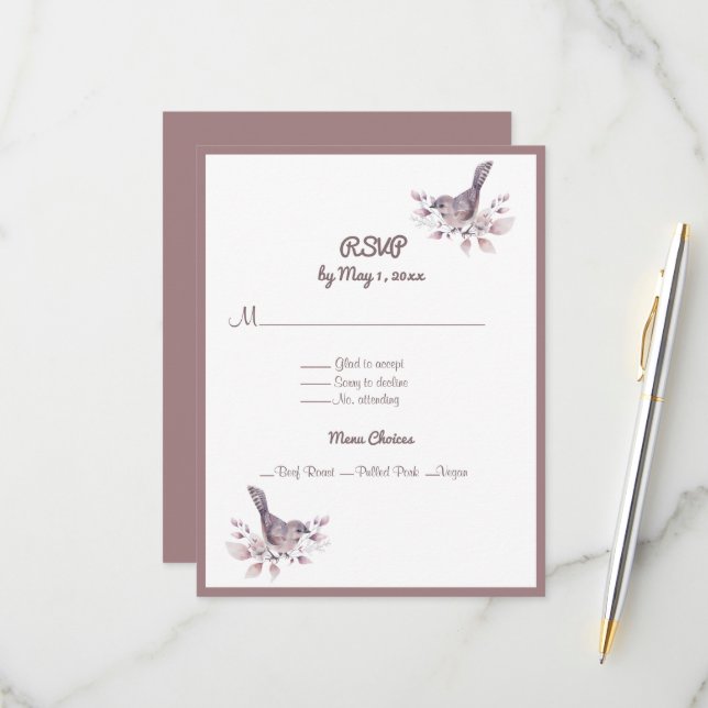Lesbian Couple Dusty Burgundy Rose Gold Ampersand RSVP Card (Front/Back In Situ)