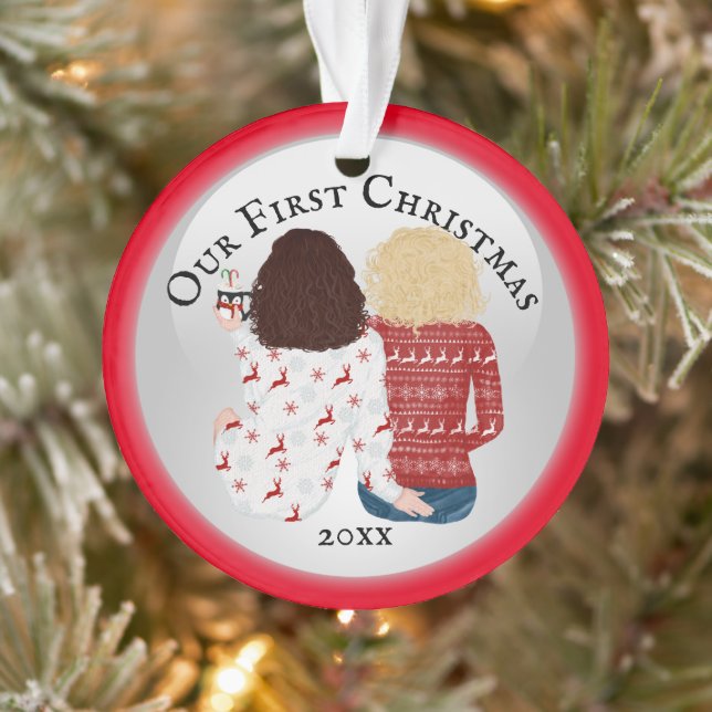 Lesbian couple first Christmas PHOTO romantic red Ornament (Tree)