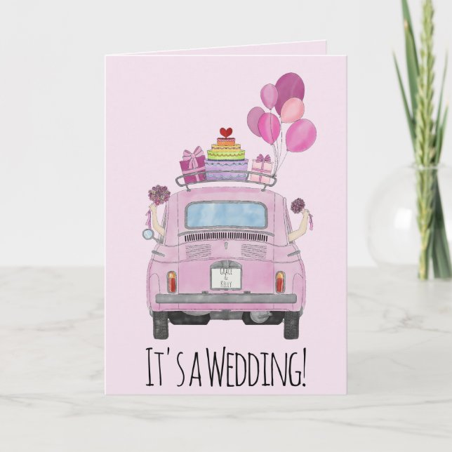 Lesbian Couple in Fiat 500 Wedding Invitation (Front)