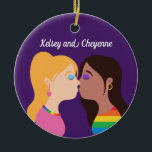 Lesbian Couple Kiss Cute Custom Gay Pride Purple Ceramic Tree Decoration<br><div class="desc">Romantic LGBT Christmas ornament featuring two pretty girls kissing. This cute drawing features a cute blonde woman and a beautiful brunette female in a rainbow shirt. Customise this purple LGBTQ gift with your own custom text.</div>