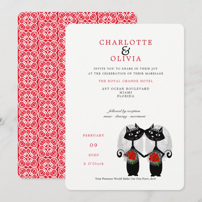 Lesbian Couple LGBTQ Wedding Cute Cats Invitation (Front/Back)