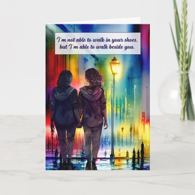 Lesbian Couple Walk Beside You Gay Rainbow Card (Front)