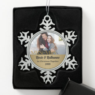Lesbian Couples 1st Christmas Gold Photo Snowflake Pewter Christmas Ornament