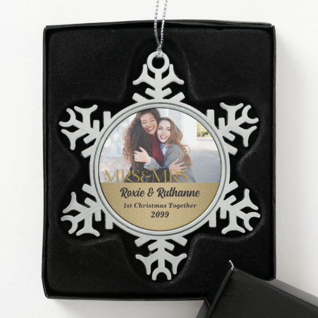 Lesbian Couples 1st Christmas Gold Photo Snowflake Pewter Christmas Ornament (Box)