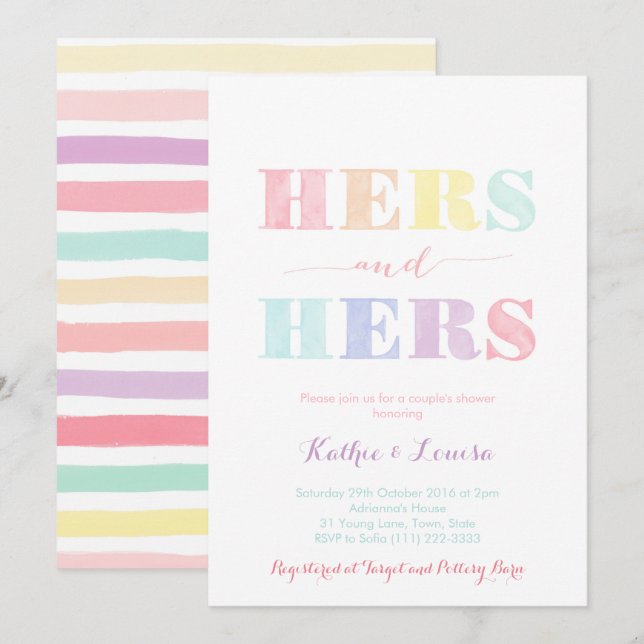 Lesbian Couples Shower invite, LGBTQ rainbow card (Front/Back)