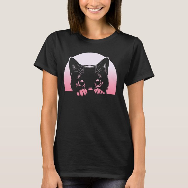 Lesbian Cute Peeking Cat Retro Sunset Pride Art T-Shirt (Front)