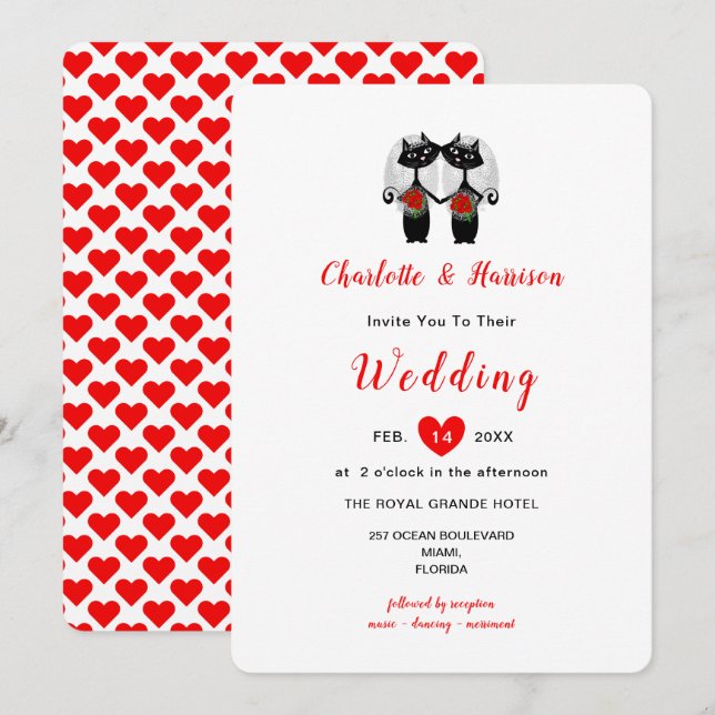 Lesbian Cute Whimsy Black Cats Wedding Invitation (Front/Back)