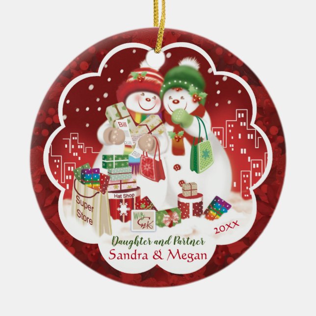 Lesbian, Daughter and Partner, Cute Snow women, Ceramic Tree Decoration (Front)