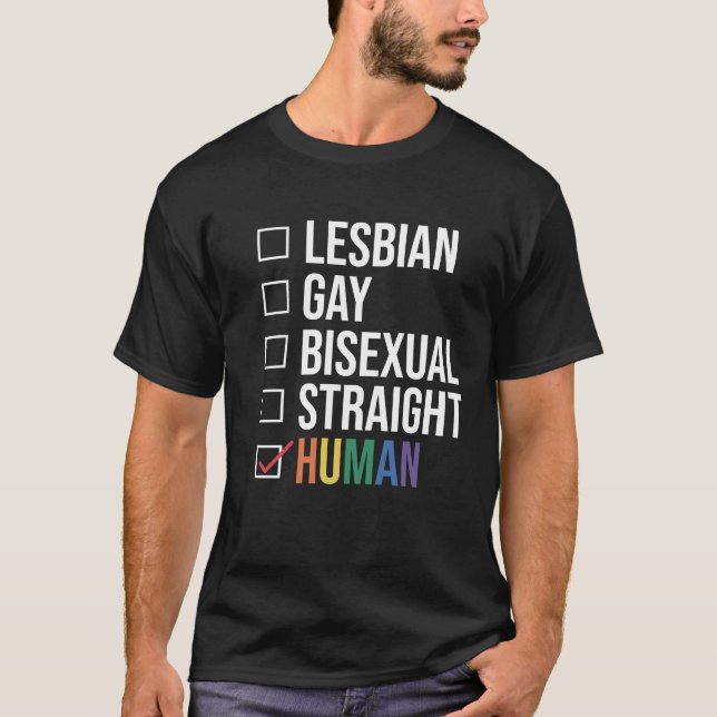 Lesbian Gay Bisexual Straight Human List, Black T-Shirt (Front)