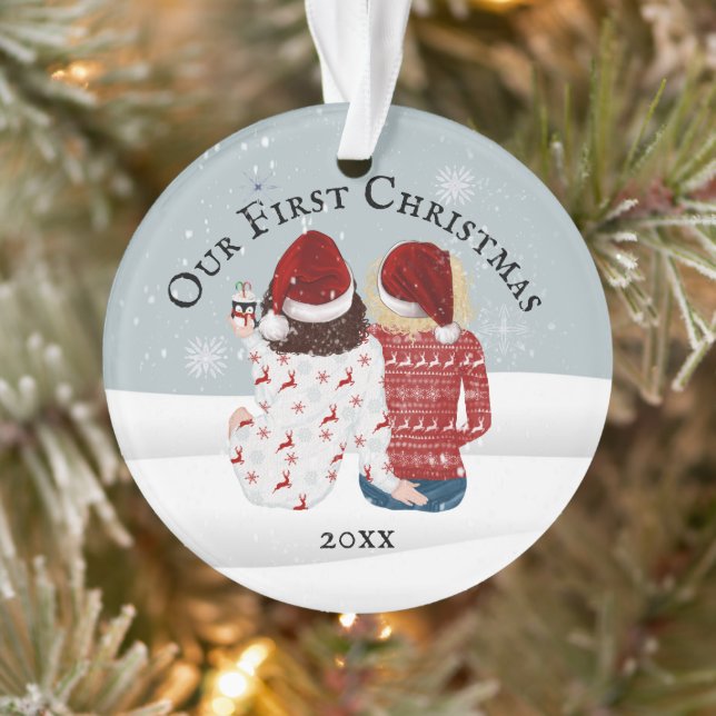 Lesbian gay couple DIY photo first christmas snow Ornament (Tree)