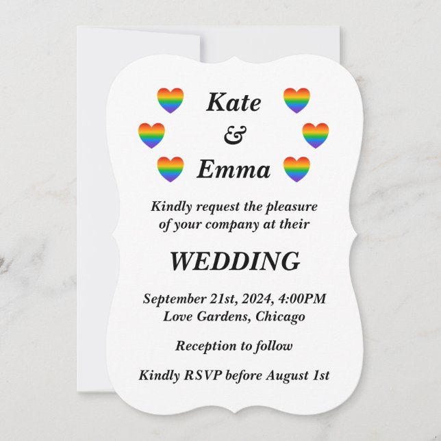 Lesbian Gay LGBTQ Rainbow Heart Wedding Invitation (Front)