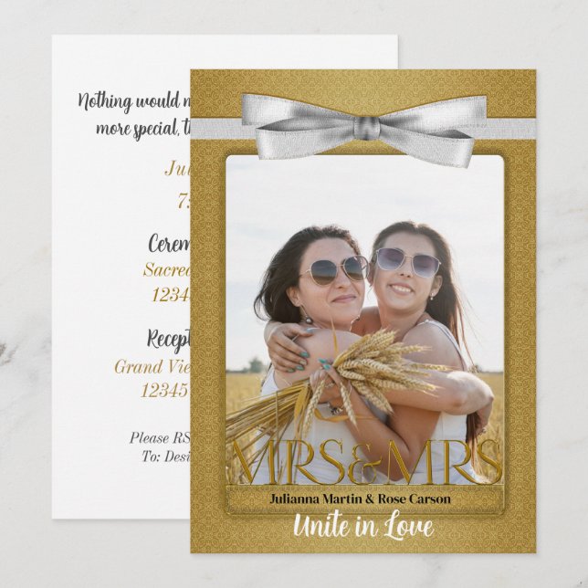 Lesbian Gay Wedding Invitation Two Brides Gold (Front/Back)