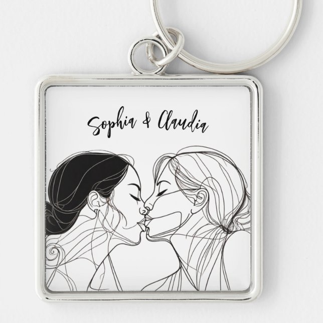 Lesbian Kiss Elegant Couple Matching Key Ring (Front)