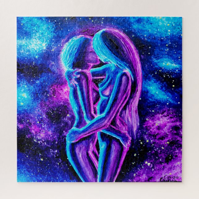 Lesbian kiss in blue and purple  jigsaw puzzle (Vertical)
