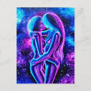 Lesbian kiss in blue and purple postcard