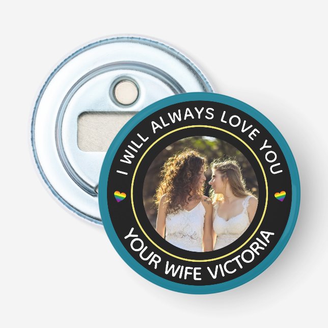 Lesbian LGBTQ Photo Wedding Couple Rainbow Custom Bottle Opener (Front)