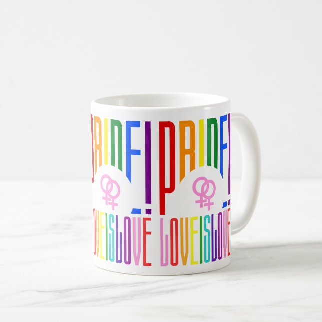 Lesbian Love is Love LGBT Pride Rainbow Typography Coffee Mug (Front Right)
