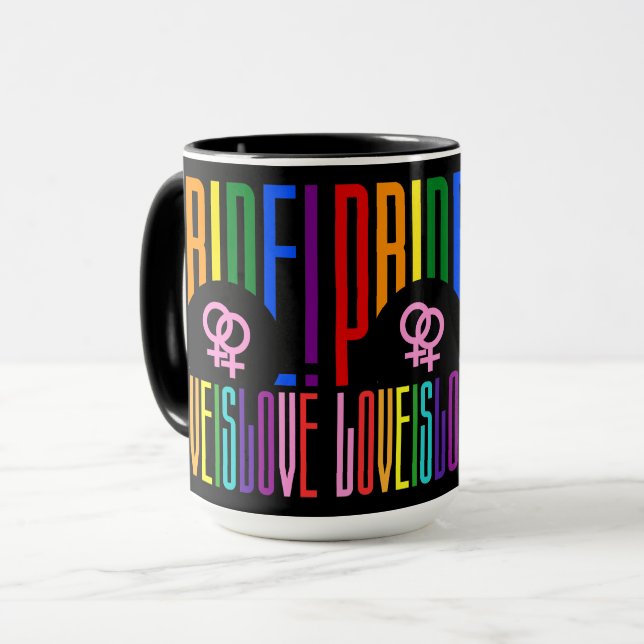 Lesbian Love is Love LGBT Pride Rainbow Typography Mug (Front Left)