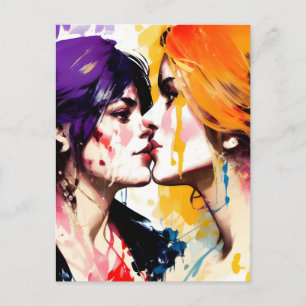 Lesbian Lovers Kiss Colourful Paint Splatters Postcard