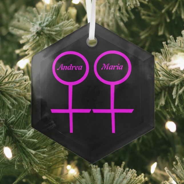Lesbian Lovers Personalised Glass Tree Decoration (Insitu)