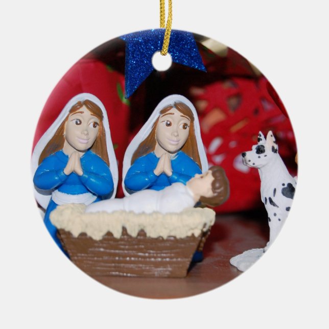 Lesbian Nativity: Love Makes a Holy Family Ceramic Tree Decoration (Front)