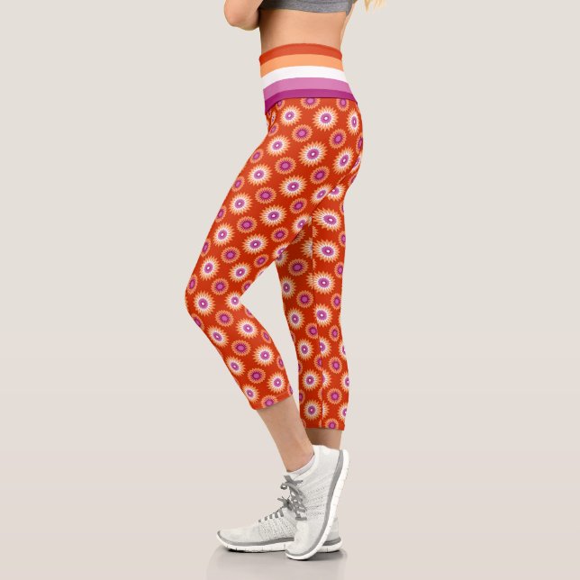 Lesbian pride flag / orange flower pattern capri leggings (Left)