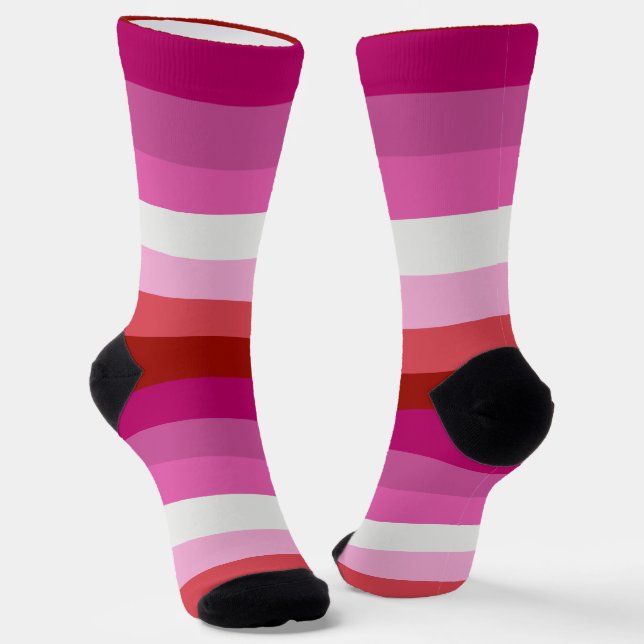 Lesbian Pride Flag Pink, White, Red Striped Socks (Angled)