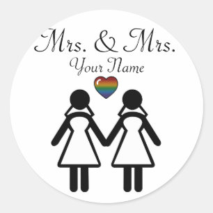 Lesbian Silhouette Brides with Rainbow Heart Classic Round Sticker