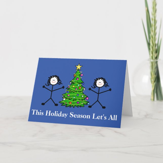 Lesbian  Stick Couple Christmas Card with Tree (Front)