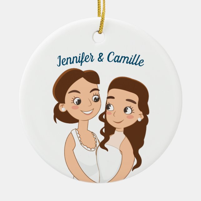 Lesbian Wedding Anniversary Custom Couple Ceramic Tree Decoration (Front)