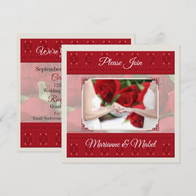 Lesbian Wedding / Civil Union with Red Roses Invitation (Front/Back)