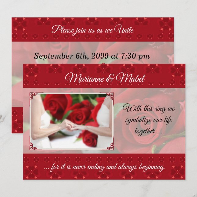 Lesbian Wedding Civil Union with Red Roses Invitation (Front/Back)
