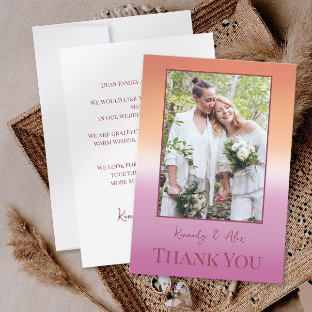 Lesbian Wedding Photo Pride Flag Gradient Thank You Card (Creator Uploaded)
