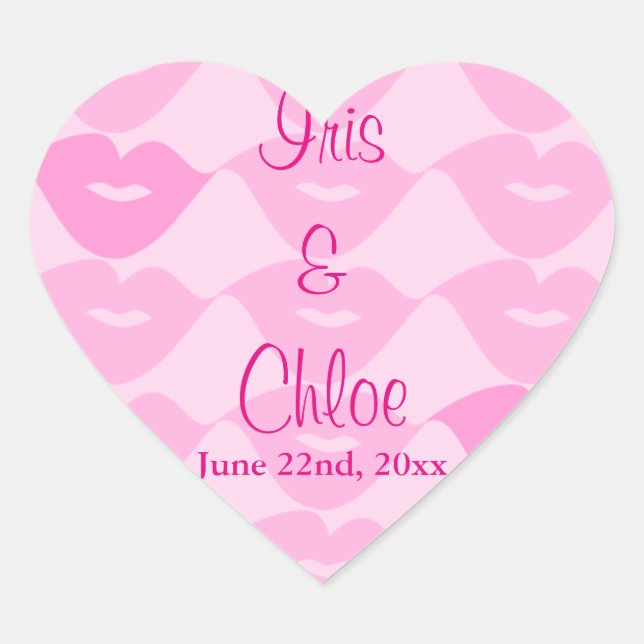 Lesbian Wedding Pink Lips Party Favour Heart Sticker (Front)