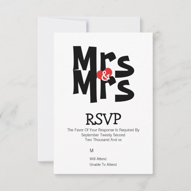 Lesbian Wedding RSVP Bold Mrs and Mrs Personalised (Front)