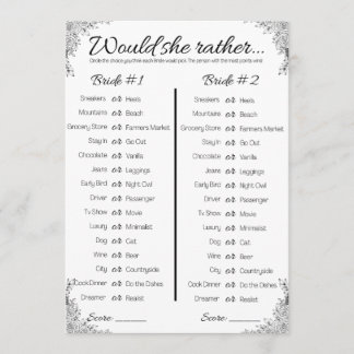 Lesbian Wedding Shower Game, Would She Rather, Invitation