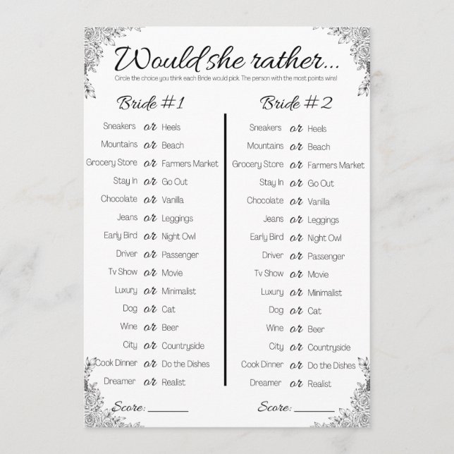 Lesbian Wedding Shower Game, Would She Rather,  Invitation (Front)