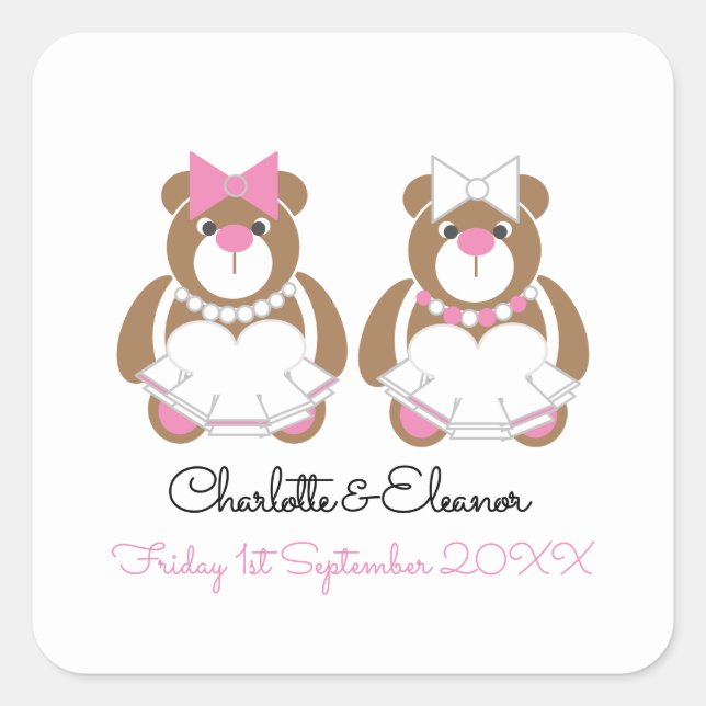 Lesbian Wedding Teddy Bear Brides gift or favour M Square Sticker (Front)