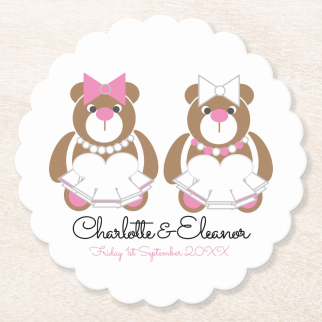 Lesbian Wedding Teddy Bear Brides  Paper Coaster (Front)