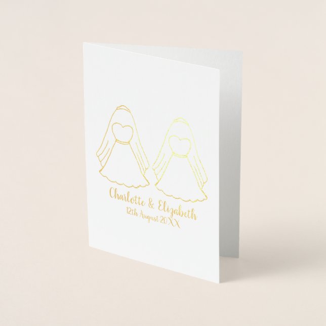 Lesbian white & gold brides wedding foil card (Front)
