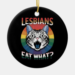 Lesbians Eat What Cat Humour LGBTQ Pride Flag Ceramic Tree Decoration