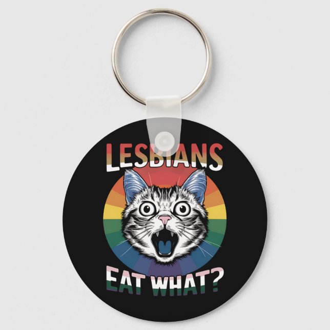 Lesbians Eat What Cat Humour LGBTQ Pride Flag  Key Ring (Front)