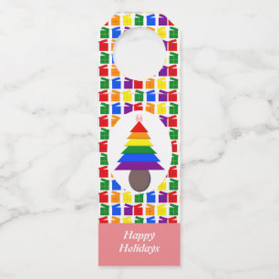Lesbians Rainbow Christmas Tree and Presents Bottle Tag