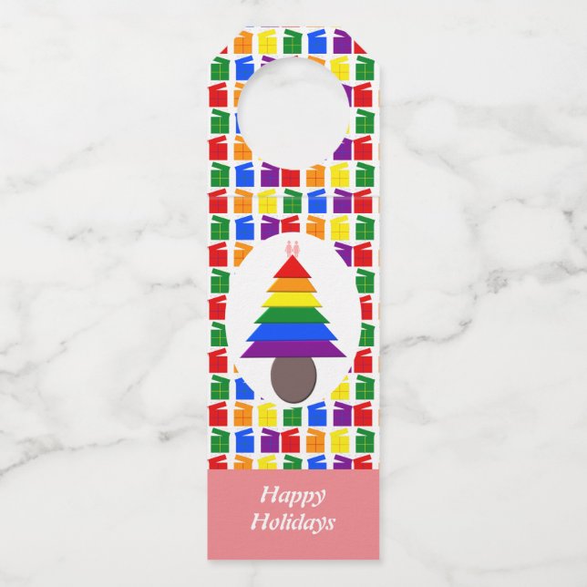Lesbians Rainbow Christmas Tree and Presents Bottle Tag (Front)
