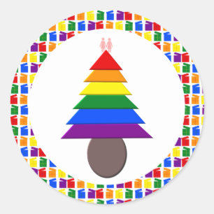 Lesbians Rainbow Christmas Tree and Presents Classic Round Sticker