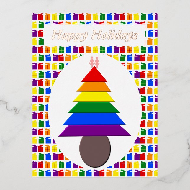 Lesbians Rainbow Christmas Tree and Presents Foil Holiday Postcard (Front)
