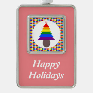 Lesbians Rainbow Christmas Tree and Presents Silver Plated Framed Ornament