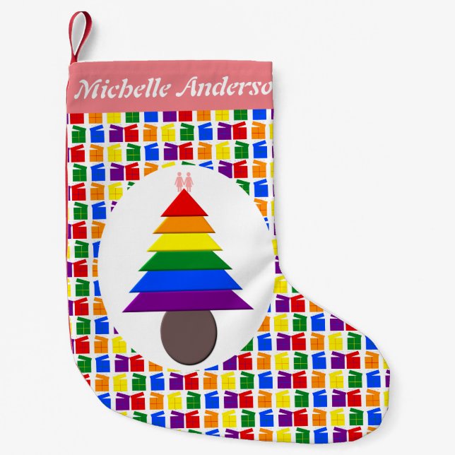 Lesbians Rainbow Christmas Tree and Presents Small Christmas Stocking (Front)